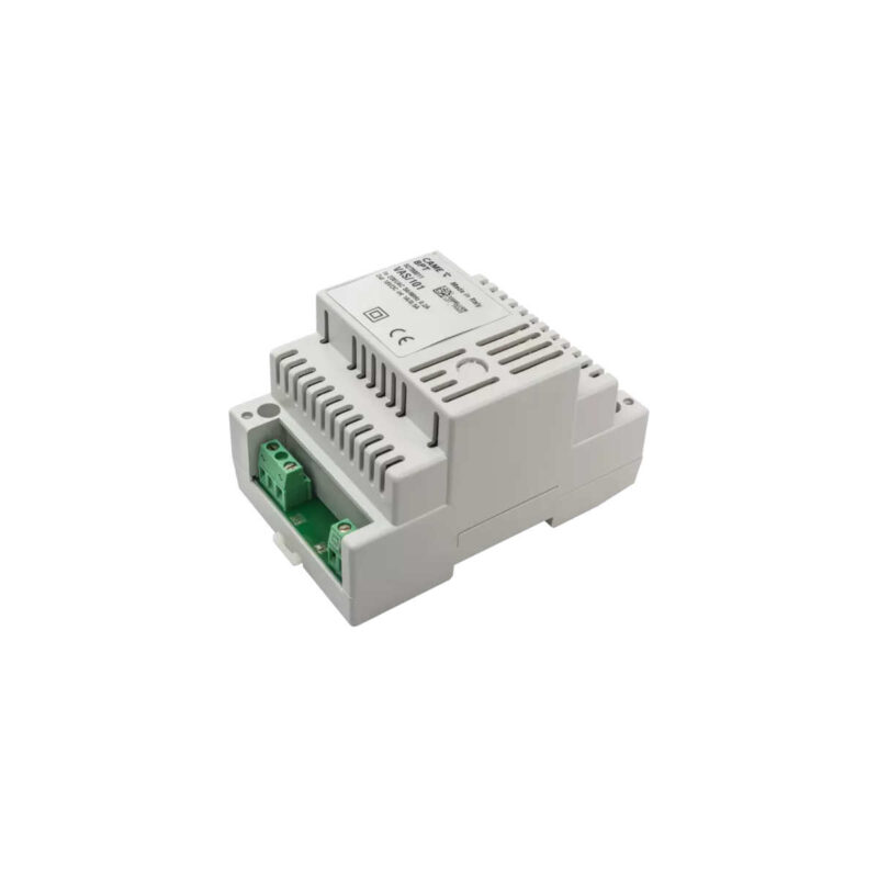 Contenitore in materiale plastico per l’installazione in quadri elettrici (EN50022) e dimensione 4 moduli DIN basso. Scheda elettronica completa per l’alimentazione di posti esterni e derivati interni (18 V DC – 1000 mA max) con protezione elettronica da sovraccarichi o cortocircuiti. Alimentazione da rete elettrica 230 V AC 50/60 Hz. Grado di protezione acqua e polveri IP30.