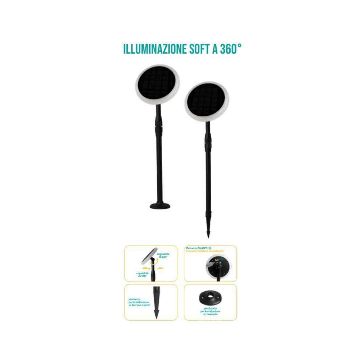 LAMPADA SOLARE DA ESTERNO con illuminazione soft A 360° 3 watt 4000k, altezza fino a 80 centimetri.