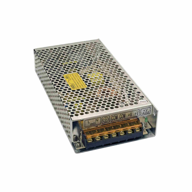 Alimentatore switching in contenitore metallico, ad alta efficienza e bassa temperatura di lavoro. Compatto e leggero, con protezione in ingresso di sovraccarico, corto circuito e protezione di sovratensione. Entrata universale ca.