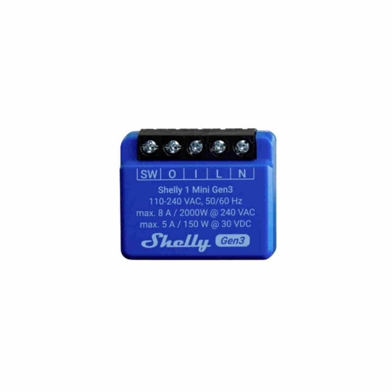 Shelly 1 Mini Gen3 è uno switch intelligente con forma compatta e contatti privi di potenziale che consente il controllo remoto di dispositivi elettrici. Può essere montato in prese da incasso standard, dietro prese e interruttori luminosi o in altre posizioni con spazio limitato.