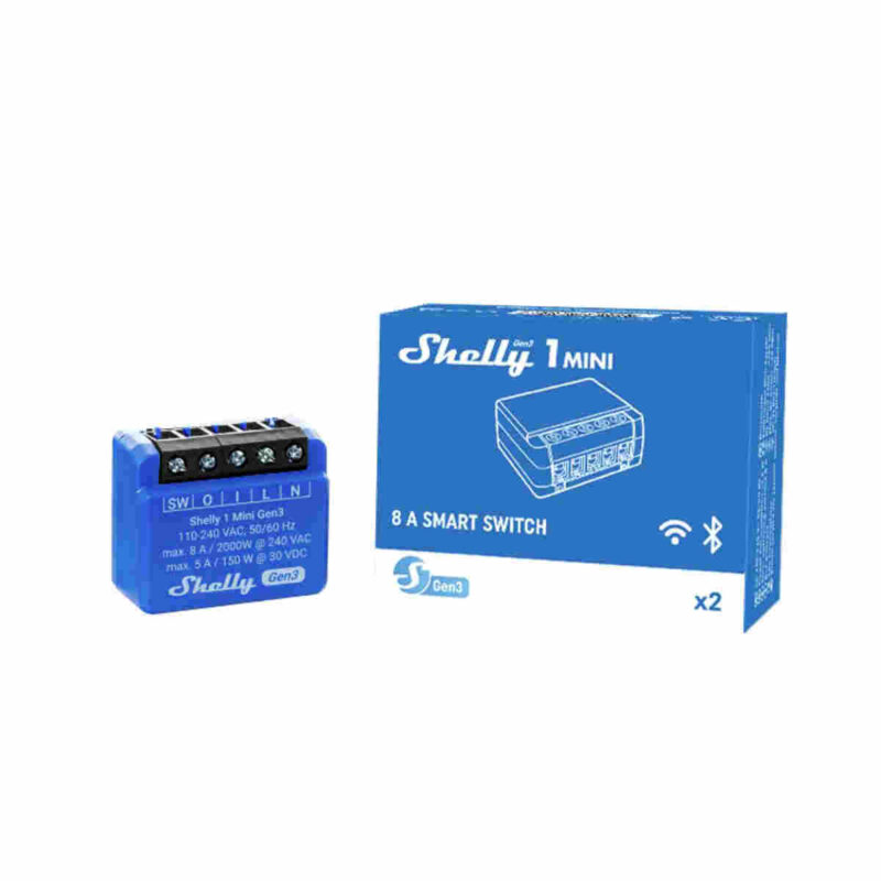 Shelly 1 Mini Gen3 è uno switch intelligente con forma compatta e contatti privi di potenziale che consente il controllo remoto di dispositivi elettrici. Può essere montato in prese da incasso standard, dietro prese e interruttori luminosi o in altre posizioni con spazio limitato.