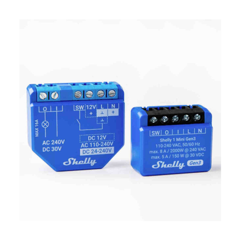 Shelly 1 Mini Gen3 è uno switch intelligente con forma compatta e contatti privi di potenziale che consente il controllo remoto di dispositivi elettrici. Può essere montato in prese da incasso standard, dietro prese e interruttori luminosi o in altre posizioni con spazio limitato.