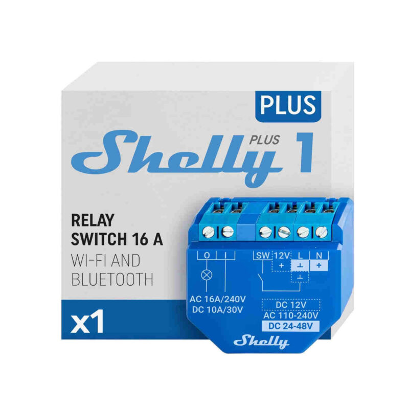 Piccolo attuatore di commutazione WiFi/Bluetooth da incasso. L'interruttore a relè WiFi Shelly PLUS 1 può controllare 1 circuito fino a 3,5 kW. È stato progettato per il montaggio in una console da incasso standard, dietro prese e interruttori luminosi o in altre posizioni con spazio limitato. Shelly può essere utilizzato come dispositivo indipendente o come accessorio per un altro controller di automazione domestica. È possibile scegliere se utilizzare Shelly con l'applicazione mobile Shelly Cloud e il servizio Shelly Cloud.