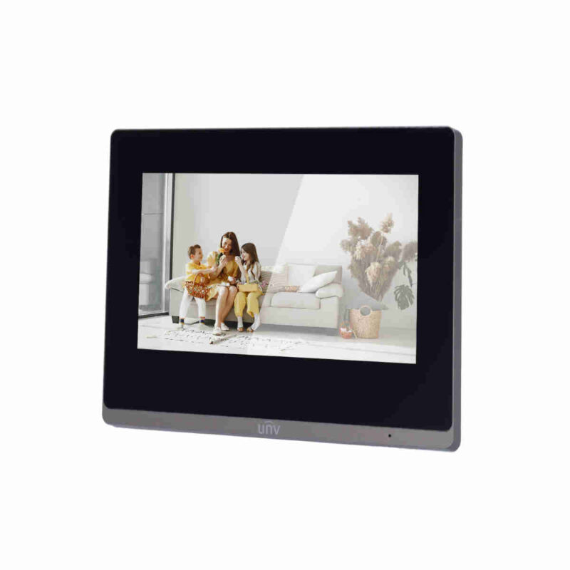 Monitor per videocitofono Robusto involucro in ABS e pannello in vetro. Schermo tattile HD 1024*600. Trasferimento batch della configurazione. Apertura a distanza delle postazioni porta collegate, apertura con una sola chiave. Monitoraggio tramite telecamera di rete, allarme di sicurezza.