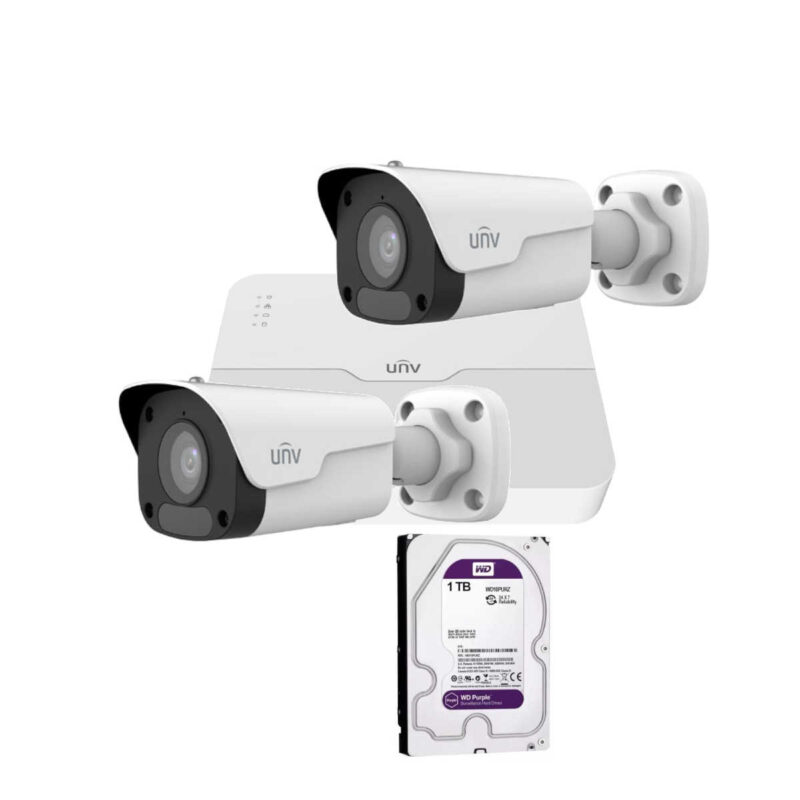 Kit videosorveglianza composto da centrale di controllo UNV: NVR301-08LS3-P8 e due telecamere UNV IPC2122LB-ADF28KM-H più un HDD da 1 TB WD.