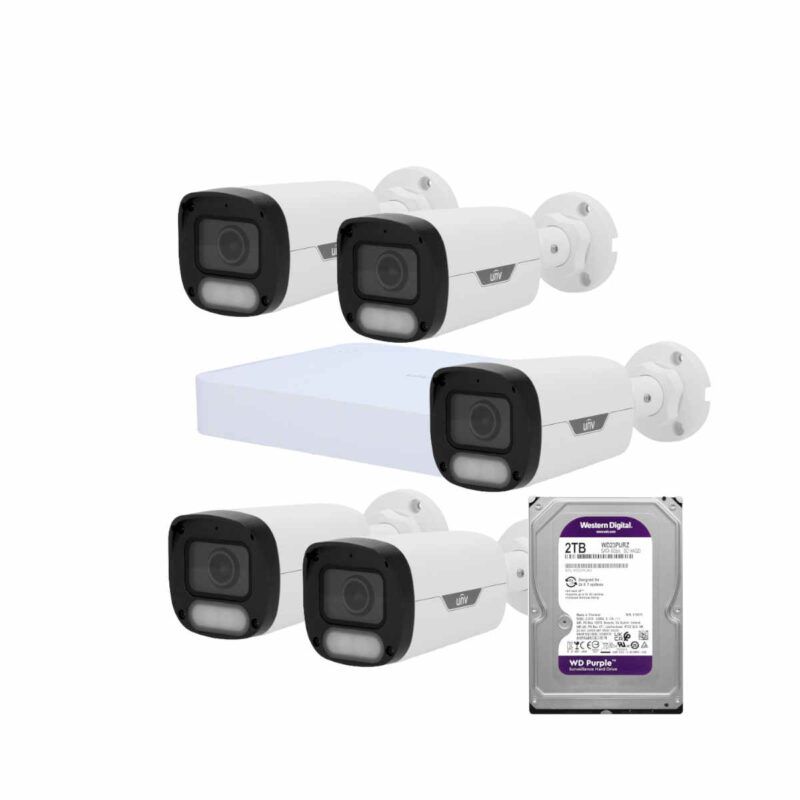 Kit Videosorveglianza Bullet IP 4MP WISE-ISP composto da 5 Telecamera Bullet IP Uniview - Gamma Easy: IPC2314LE-ADF28KM-WP; un videoregistratore di rete: NVR501-08B-LP8 8 canali e un Hard Disk da 2Tb.