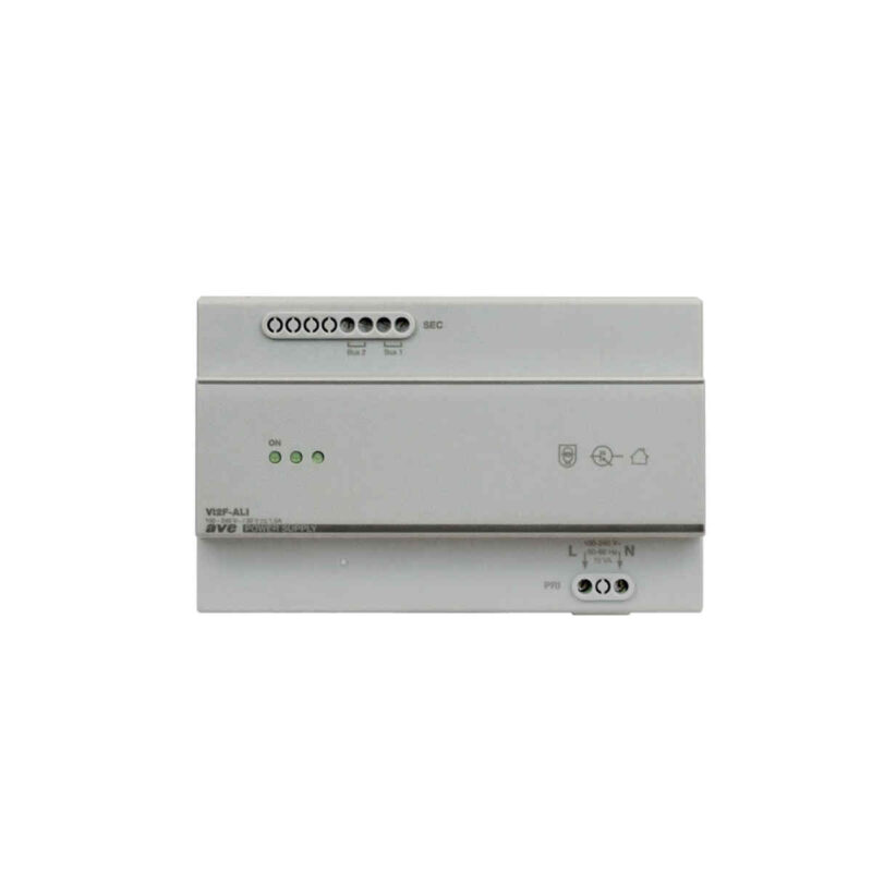 TECNOLOGIA 2 FILI. Alimentatore per impianto videocitofonico in custodia modulare 8 DIN. Alimentazione 110 - 240 Vac@50/60 Hz. Uscita 30V 1,5A. Due linee bus 2 fili in uscita per il collegamento dell'impianto. Il dispositivo è protetto contro il sovraccarico ed il cortocircuito. Il dispositivo non deve essere configurato. SISTEMA V44 EASY