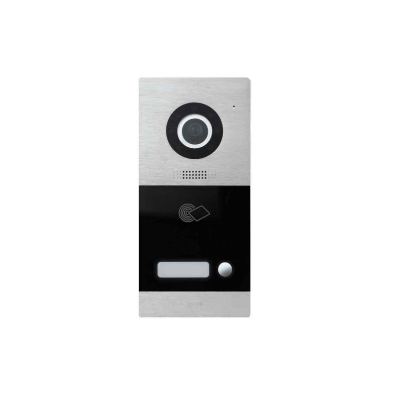 TECNOLOGIA 2 FILI. Postazione esterna audio-video monofamiliare mod. "Villa". Estetica frontale realizzata in bi-materiale: vetro nero e alluminio naturale spazzolato. Telecamera orientabile, n.2 uscite per la gestione delle elettroserrature, lettore di card MIFARE integrato. Cartellini dei nomi forniti a corredo. Installabile da esterno parete o incasso mediante scatole e parapioggia. Dimensioni (LxHxP): 100x215x45,7 mm. SISTEMA V44 EASY.