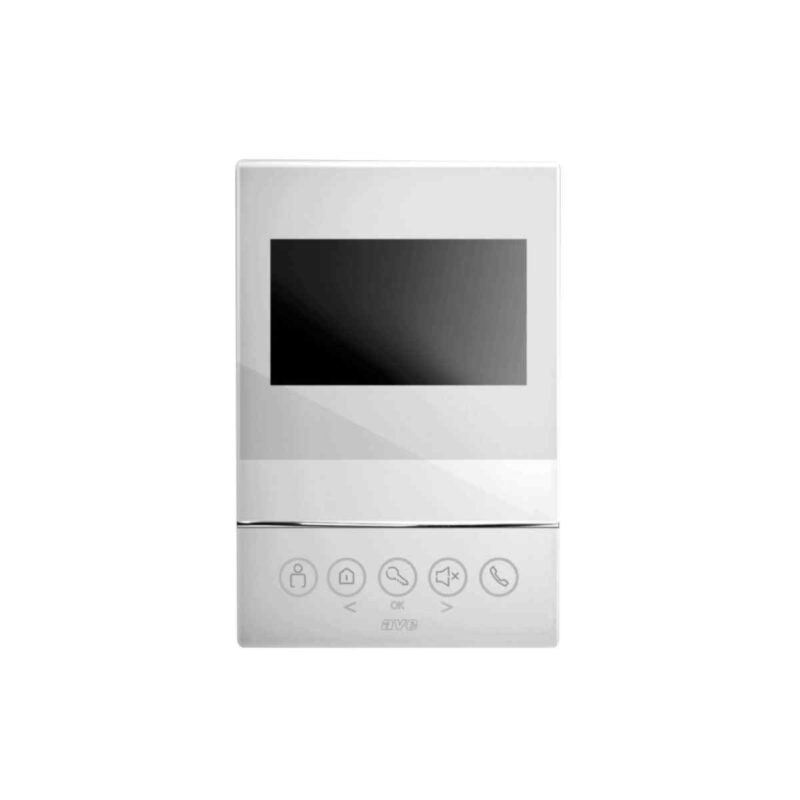 TECNOLOGIA 2 FILI. Monitor interno con display 4,3" di colore bianco. Il dispositivo è dotato di pulsanti soft-touch per la gestione delle chiamate e dell'apertura delle elettroserrature. Pulsante di tacitazione per escludere la suoneria. Dimensioni (LxHxP): 120x180x19,5 mm. SISTEMA V44 EASY.