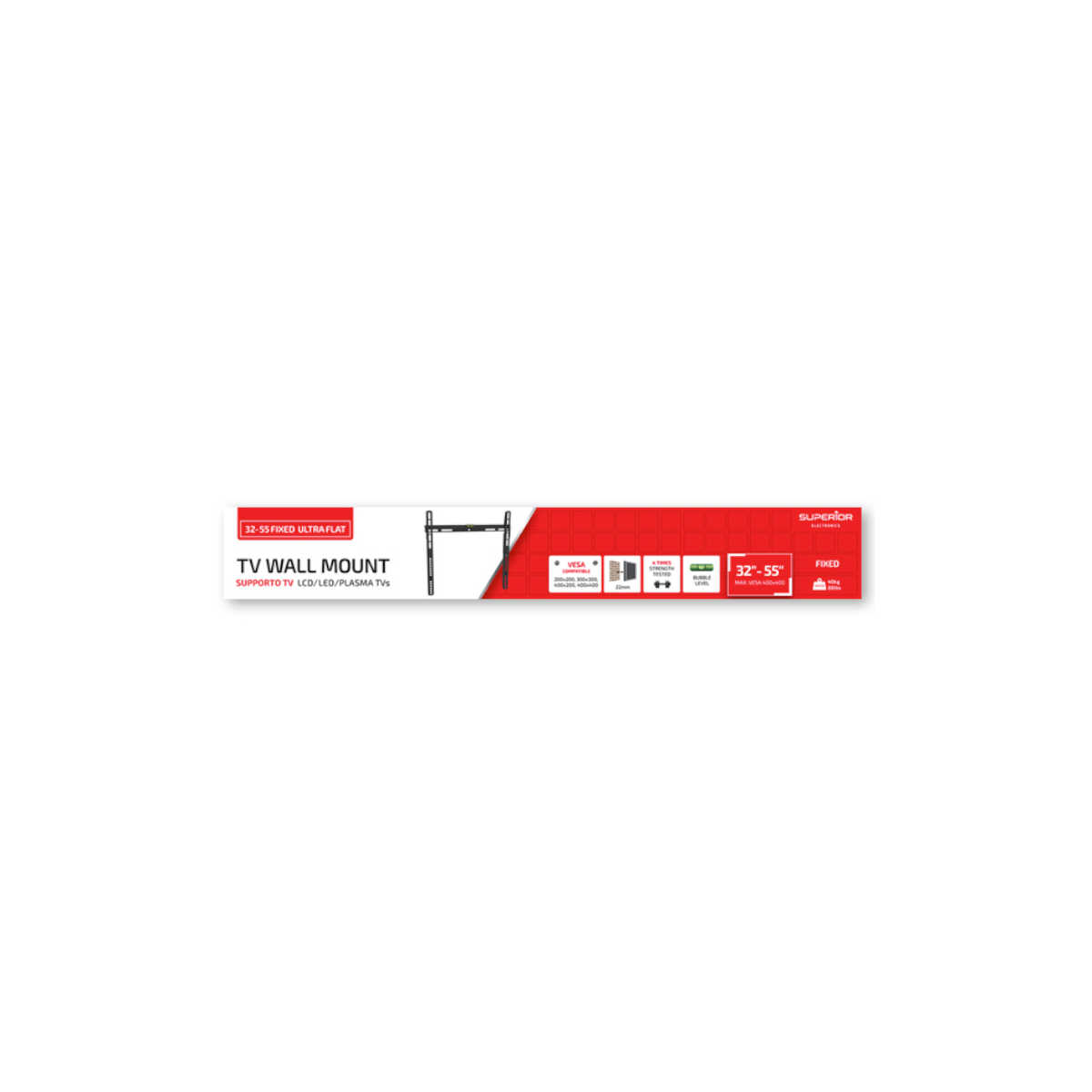 Supporto TV da parete fisso per TV da 32" a 55" (ultra flat) Carico massimo 40 kg Compatibilità vesa: 200 x 200, 300 x 300, 400 x 200, 400 x 400