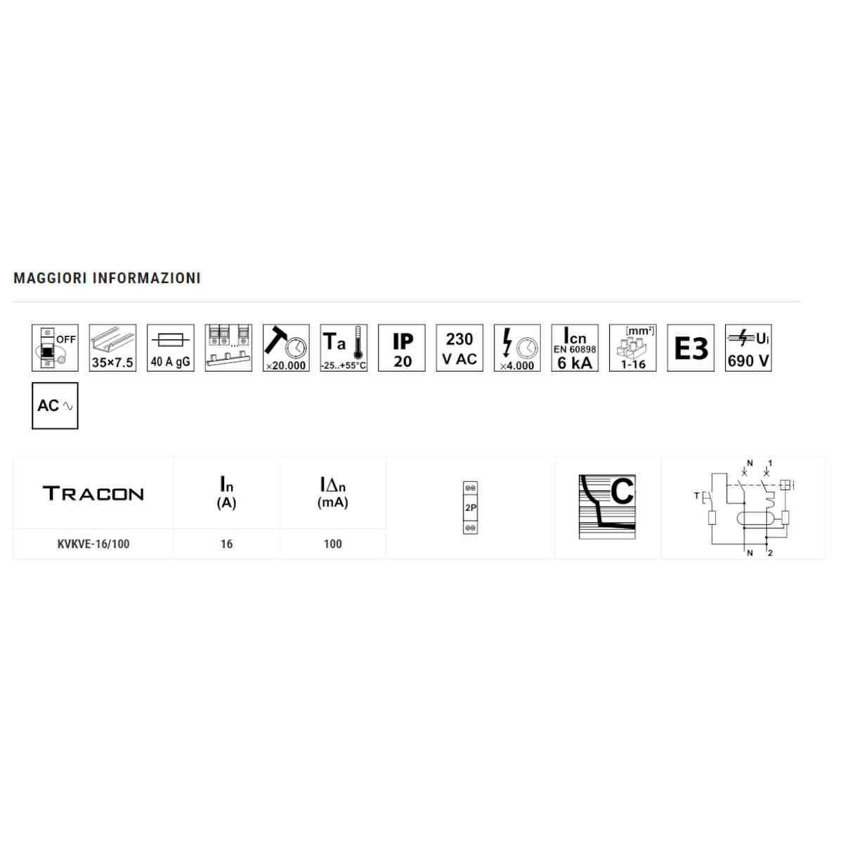 Interruttore di sicurezza combinato,elettr.,2P, 1mod, tipo B C16, 100mA, 6kA, AC, E3