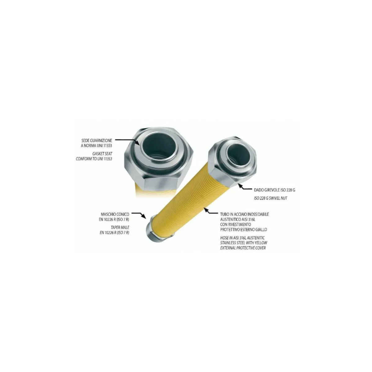 Tubo flessibile estensibile metallico di sicurezza per gas, a norma UNI 11353 in acciaio inossidabile austenitico 1.4404 (AISI 316L) con rivestimento protettivo, con dado girevole con filettatura femmina ISO 228 G e maschio conico con filettatura EN 10226 R (ISO 7 R).