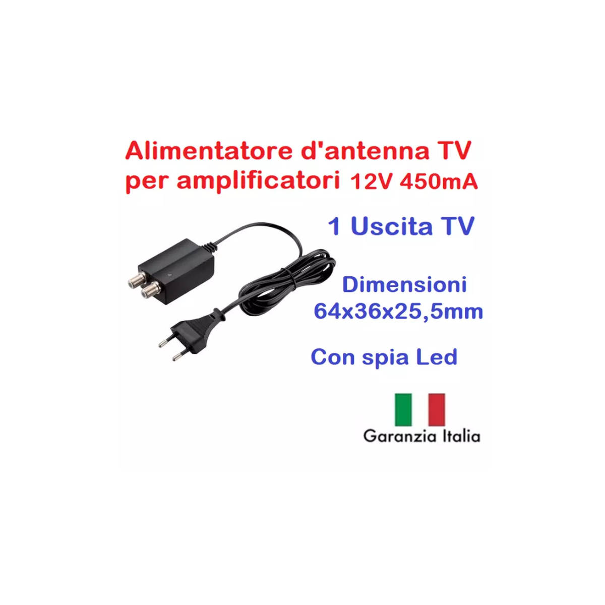 Jolly Line 41046 Alimentatore per antenna 2 uscite 150MA attacco F uscite 2 attenuazione 4 dB tensione rete 230 V tensione uscita 12 V + corrente max 150 mA led Ok