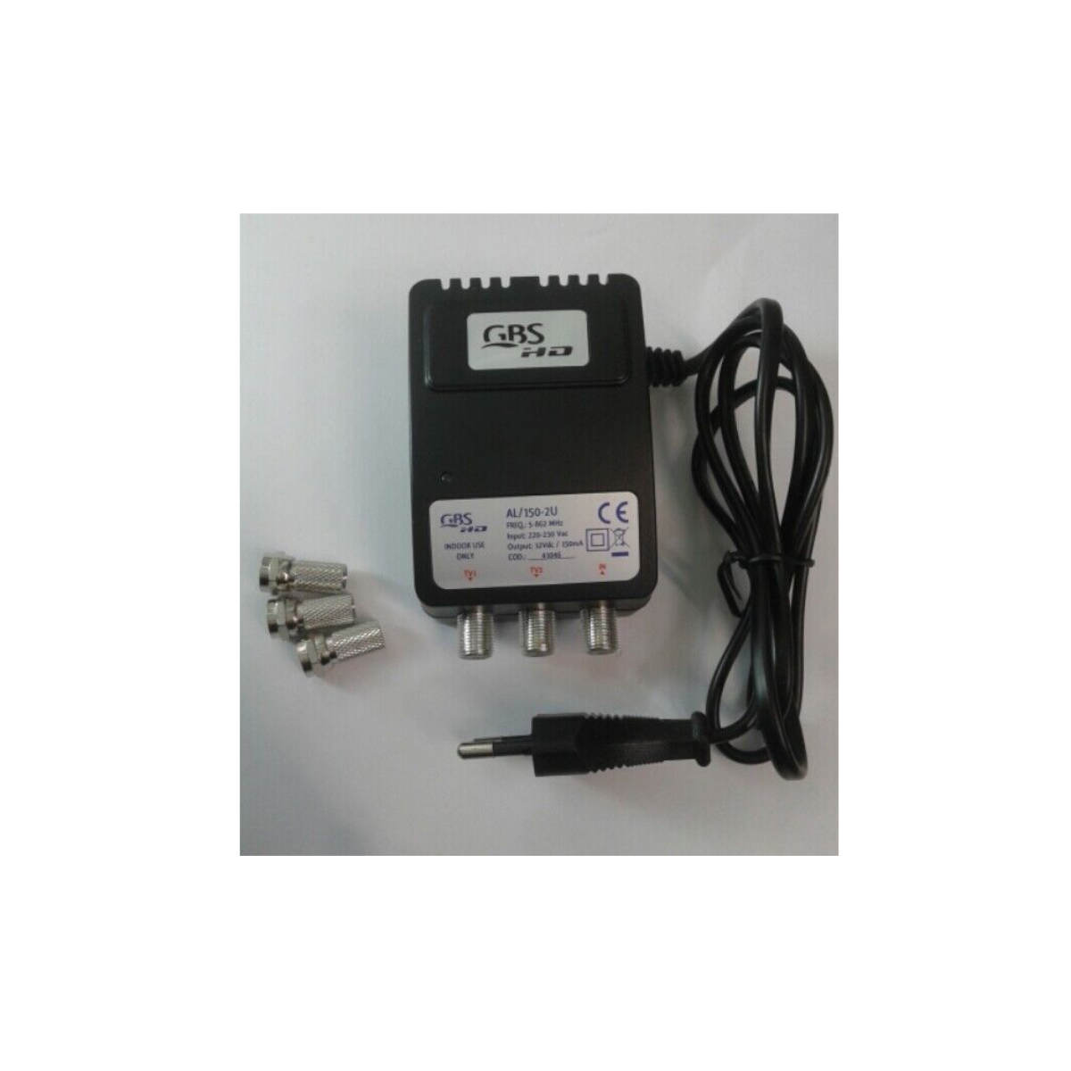 Jolly Line 41046 Alimentatore per antenna 2 uscite 150MA attacco F uscite 2 attenuazione 4 dB tensione rete 230 V tensione uscita 12 V + corrente max 150 mA led Ok