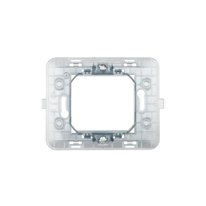 Supporto rettangolare in plastica semi-trasparente con struttura a griglia, bordi arrotondati e due viti di fissaggio posizionate nella parte superiore e inferiore. Il telaio presenta aperture ovali e dettagli geometrici che ne definiscono il design tecnico e funzionale, ideale per applicazioni da incasso.